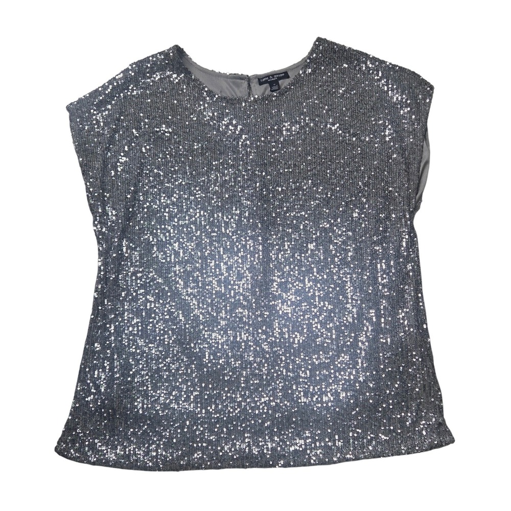 Cable & Gauge Woman 1X Silver Sequin Cap Sleeve Blouse Top Mob Luxe Disco Party